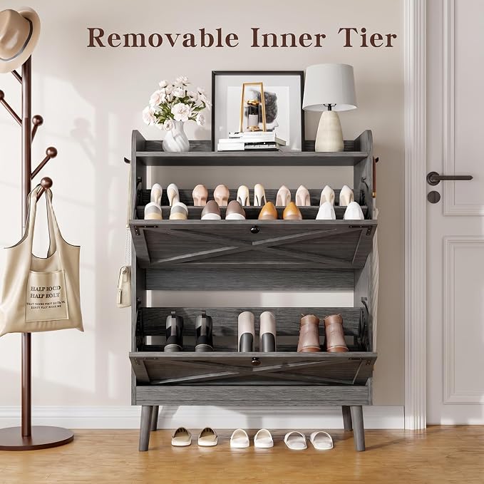 Shoe Storage Cabinet with 2 Flip Drawers & Adjustable Shelves, Freestanding Shoe Cabinet with Side Hooks Narrow Shoe Rack Cabinet for Entryway, Hallway, Rustic Grey