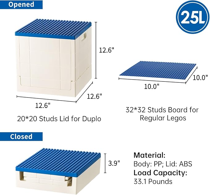 SHIMOYAMA Folding Storage Box with Building Lid for Duplo Blocks, 26 Qt. Foldable Toy Container, 25L Collapsible Storage Bin with Building Baseplate for Lego Bricks, Blue