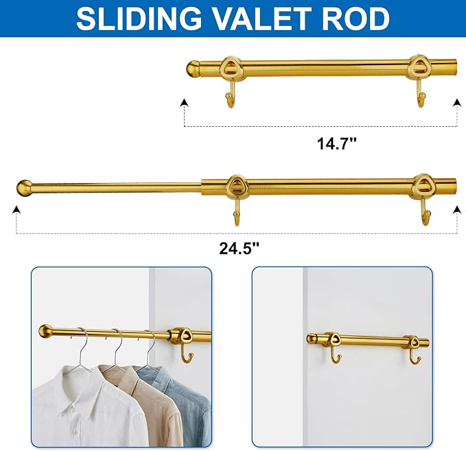 Valet Rod for Closet Pull Out with Hooks, Easy To Install (Brushed Gold, 14 Inch)