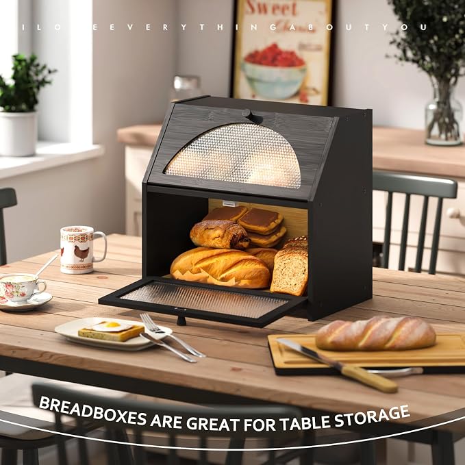 STDDRE Bamboo Bread Box with Cutting Board, Double Layer Extra Large Bread Storage Bin with Door Panel for Kitchen Counter (Black)