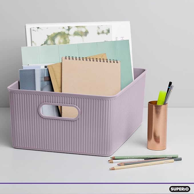 Superio Decorative Plastic Basket Open Home Storage Bins Organizer, Lilac Purple (Set of 3) 1 Large, 2 Medium - Container Boxes for Organizing Closet Storage Bins for Shelves - Ribbed Collection