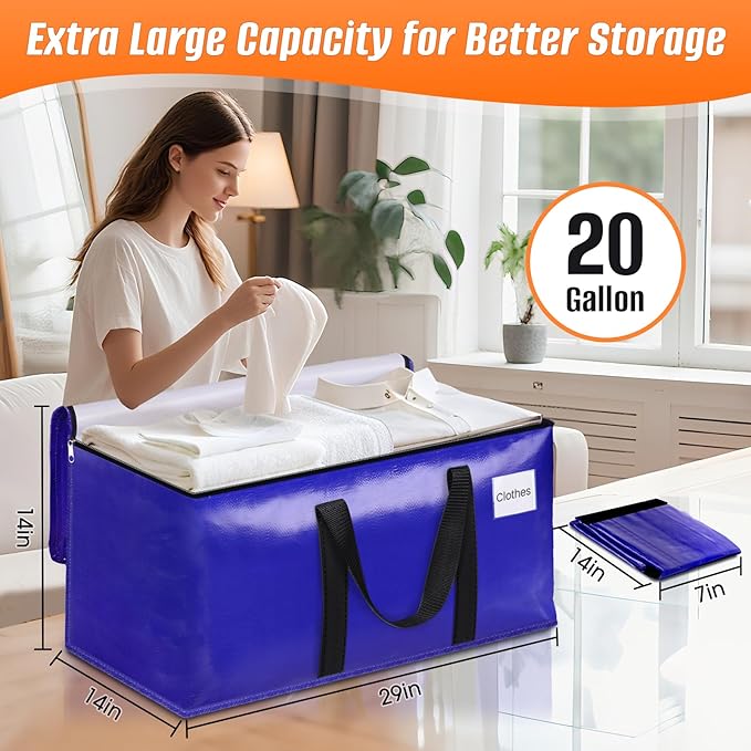 FabSpace 6-Pack Moving Bags with Backpack Straps & Carry Handles, 20 Gallons-76 L Heavy Duty Storage Totes for Space Saving, Foldable Storage Bags for College Dorm, Travel, Camping (Blue)