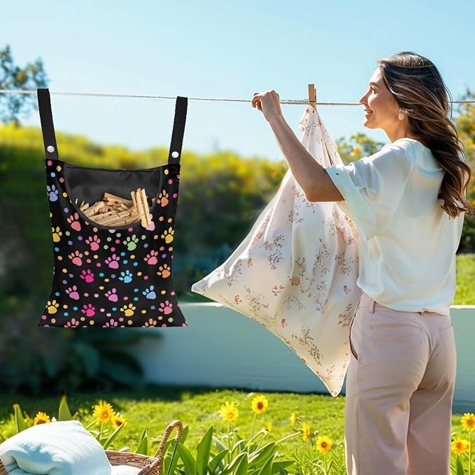 Dog Paw Print Laundry Clothespin Bags Hanging Storage Organizer 12 x 14.5 Inch Clothes Pin Bag Waterproof Clothespin Bag Clothespin Holder Large Opening and Hanging Rope