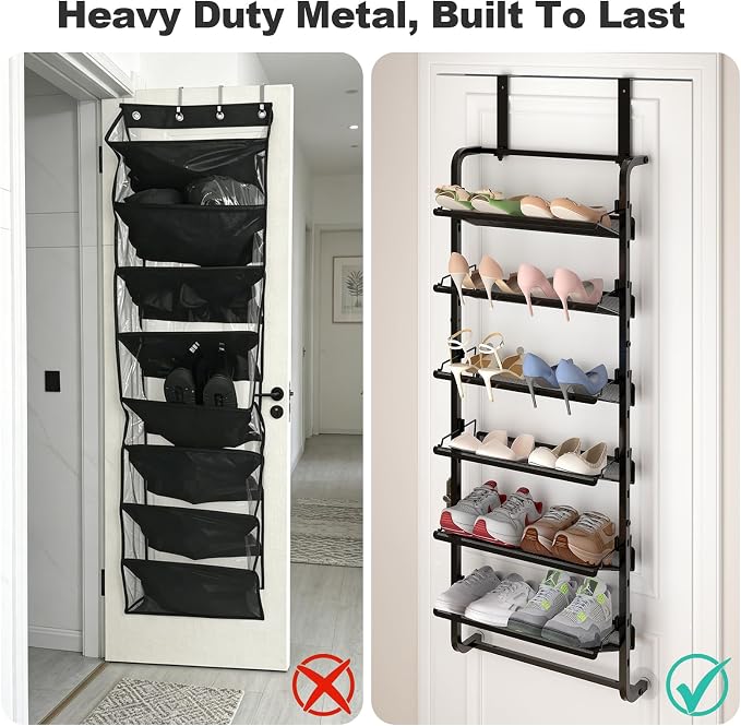 BUKFEN 6 Tier Adjustable Heavy Duty Metal Shoe Rack, Door Hanging and Wall Mount Organizer for Closet, Bedroom, Entryway, Laundry, Apartment, Small Spaces, Space Saving Solution for Busy Homes