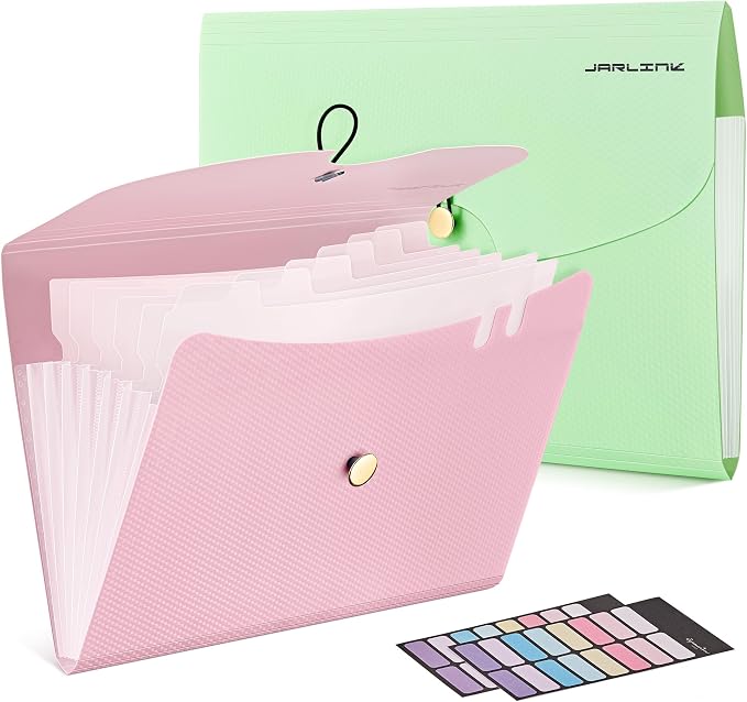JARLINK 7 Pockets Expanding File Folder, A4 Accordion folders, Pink & Green | Accordion File Folders with 12 Labels, Portable Document Organizer for Home, College, School, and Office Supplies
