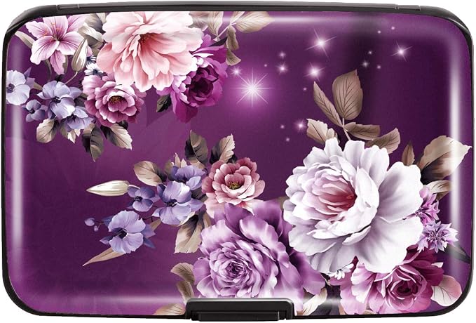 Credit Card Holder for Women,RFID Blocking Slim Hard Mini Flowers Card Case ID Case Travel Wallet Purple
