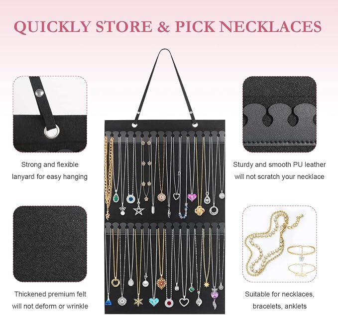 Caffox Hanging Necklaces Holder, Large Jewelry Organizer for Necklaces, Bracelets, and Ankles, Necklaces Display Storage Hanger for Wall, Closet and Door