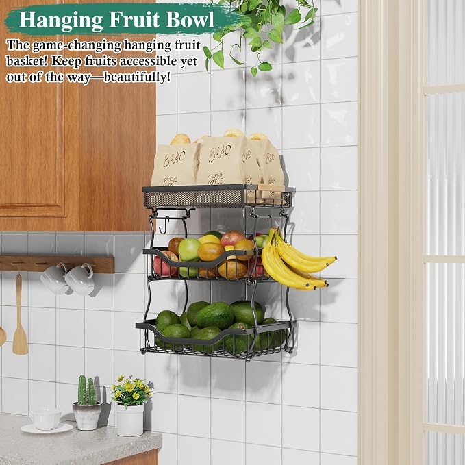 OKZEST 3-Tier Fruit Basket Fits Under Standard Upper Cabinet, 17.2" Tall | 2-In-1 Wall Mount & Countertop. Ultra-Fine Mesh Top Basket & Banana Hangers, Holds Potato, Onion, Bread, Snack, Fruit, Veggie