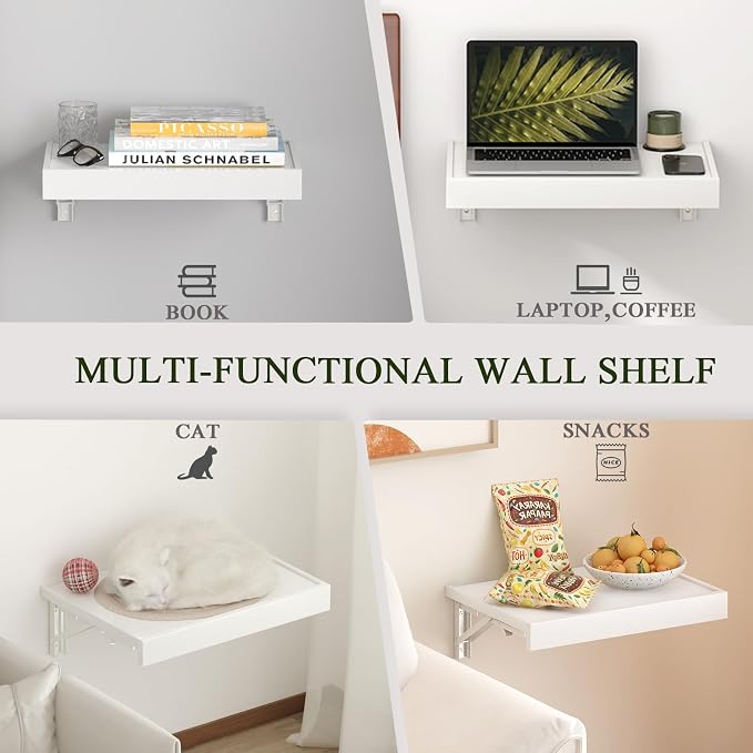 TEAMIX Wall Mounted Folding Bedside Shelf, White Wood Floating Nightstand Table with Heavy-Duty Brackets, 16.5''x12'' Space Saving Bed Side Tray Storage for Bedroom, Living Room, Dorm (White, Basic)