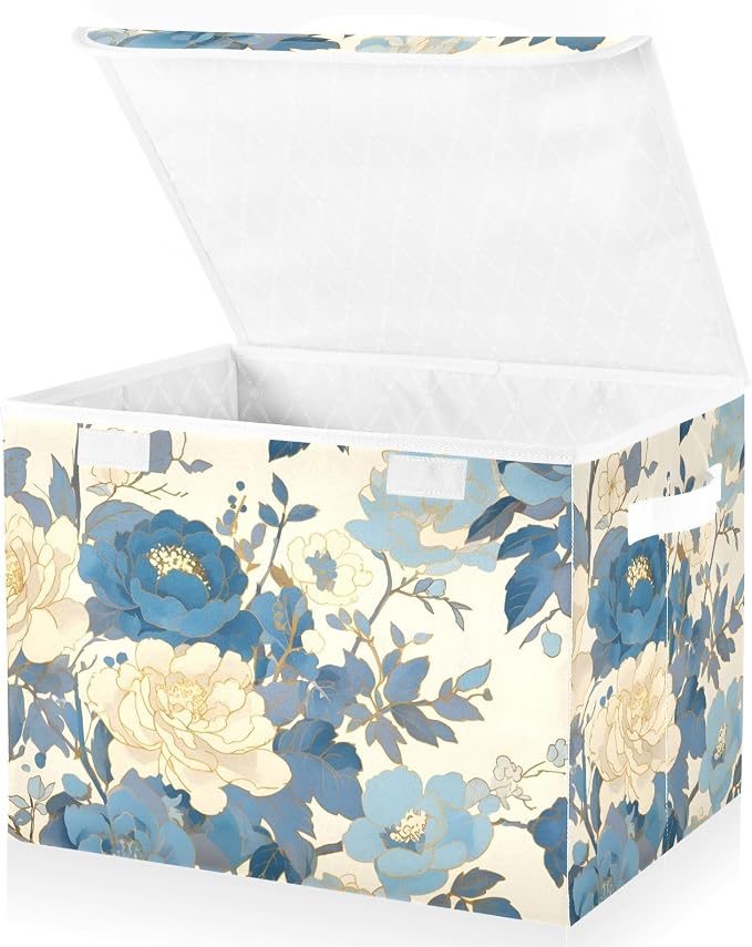 Blue White Peony Lidded Storage Bins with Handles - 16.5"x12.6"x11.8" Foldable Organizing Box, Oxford Fabric & Honeycomb Board, Dust-Proof Flip Lid for Closet/Office