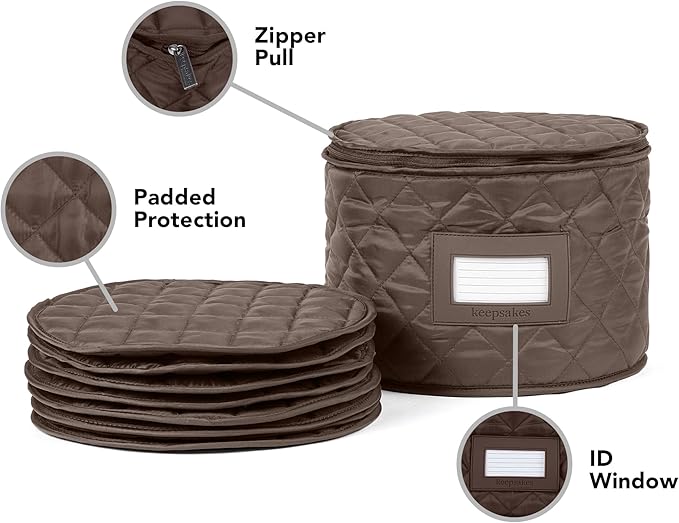 Covermates Keepsakes Dish Storage Case – Padded China & Dinnerware Organizer, Quilted Polyester Protection, ID Window, Zipper Closure, Machine Washable, Bronze