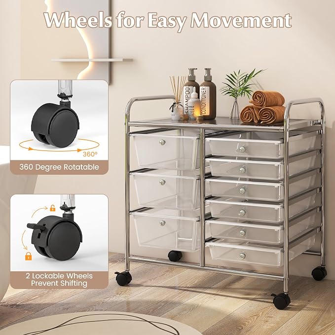 RELAX4LIFE 9 Drawer Rolling Storage Cart - Mobile Drawer Carts for Craft Art Supply Paper Salon, Utility Cart on Wheels for Classroom Teacher School Office, Rolling Cart with Drawers (Clear)
