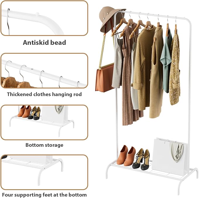 Small White Clothing Rack, Freestanding Metal Garment Rack with Bottom Shelf, Stable Clothes Rack for Small Spaces, Bedroom, Dorm, Apartment, 92LBS Capacity