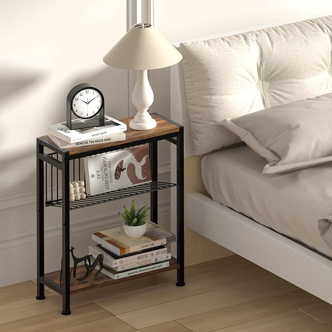 Side Table for Small Spaces, Narrow End Table with Magazine Holder, 2 in 1 Design Slim Side Table, Skinny Nightstand for Living Room Bedroom, Thin Side Magazine Table, Rustic Brown