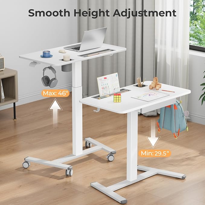 Mobile Standing Desk with Drawer, 35"×20" Small Desk, White | Portable Laptop Workstation with Cup Holder and Hooks, Height Adjustable Rolling Desk with Wheels, Teacher Classroom Use