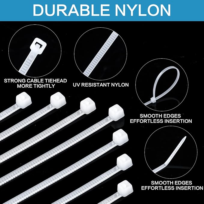 1000 Pcs White Zip Ties, 6 Inch Clear Self-Locking Nylon Cable Ties, Premium Heavy Duty Plastic Wraps Wire Ties for Indoor and Outdoor