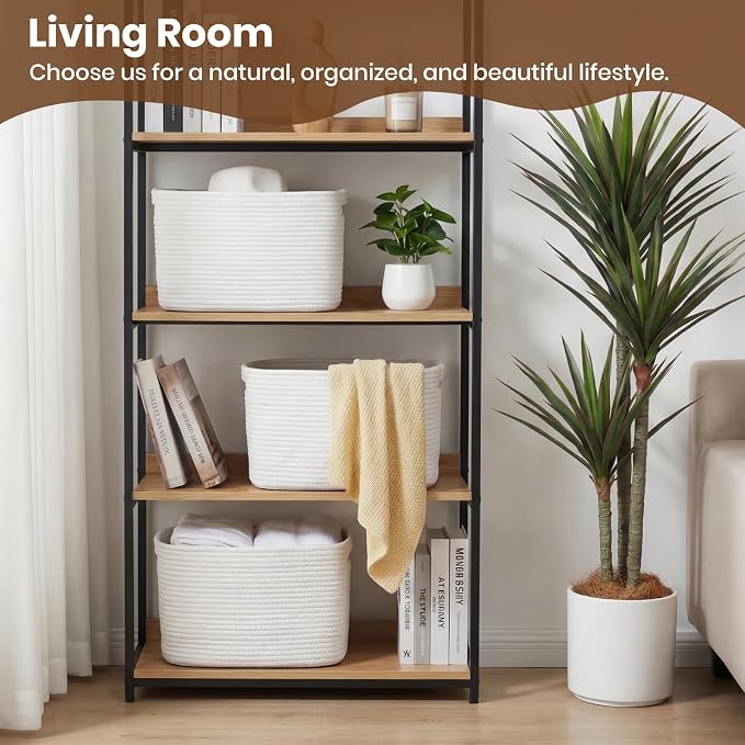 Storage Baskets for Organizing, 14 x 10 x 9” Closet Shelf Woven Baskets, Square Bins with Handles, Cotton Rope Basket for Clothes, Office, Room, White 4 Pack