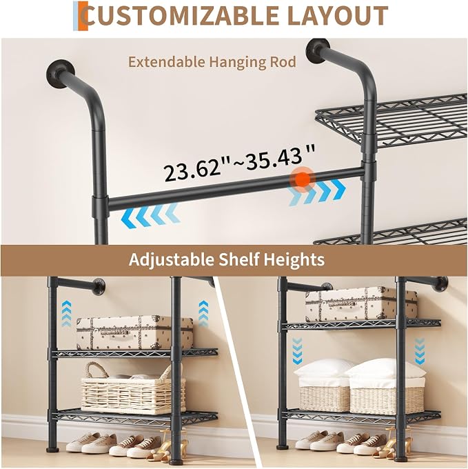 Garvee L3 Wall Mounted Pipe Closet System, Matte Black | Carbon Steel, Expandable Rods 23.62-35.43 in, 6 Wire Shelves, Closet Storage