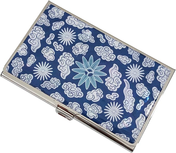 Mother of Pearl Business Card Case Credit Id Name Holder Travel Wallet Art Painting Design Metal Stainless Steel Engraved Slim Purse Pocket Cash Money Wallet (Mum Cloud)