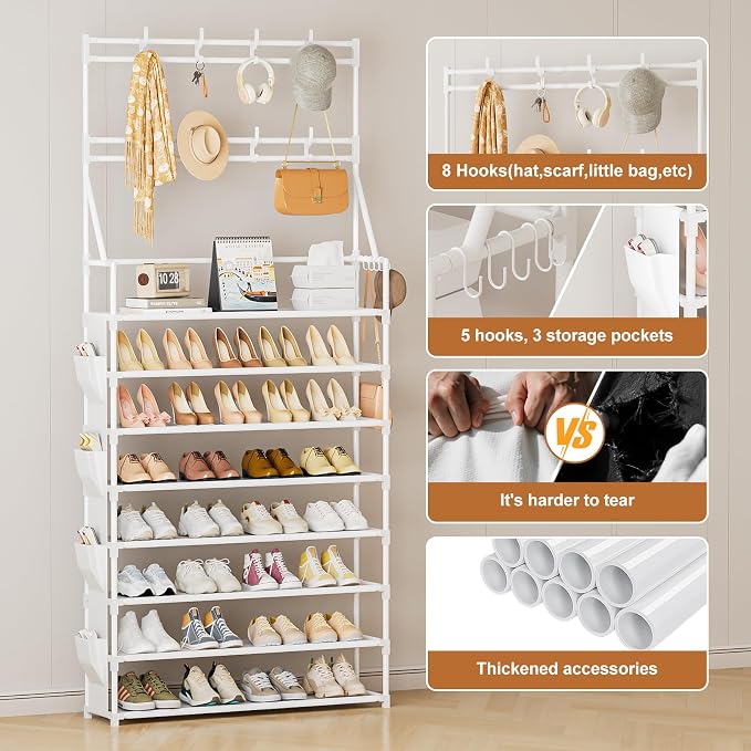 OYREL Shoe Rack 8 Tier Large Shoe Organizer Storage 32-40 Pairs | Metal Shoe Storage Rack with Hooks and Side Pocket for Entrance Entryway Closet Shoe Shelf Holder