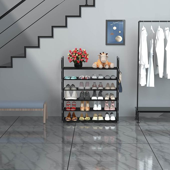Hsscblet 6 Tiers Metal Shoe Rack,Adjustable Shoe Shelf Storage Organizer with Hooks,Stackable Boot & Shoe Storage,for Entryway,Hallway,Closet,Black