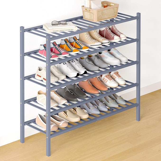 Smiry Bamboo Shoe Rack for Closet, 5 Tier Long Wooden Shoe Organizer, Stackable Wood Shoe Storage Shelf for Entryway, 14 Vertical Slats, 2+3 Stack Heavy-Duty Legs, 33.86"x11.02"x31.3", Grey