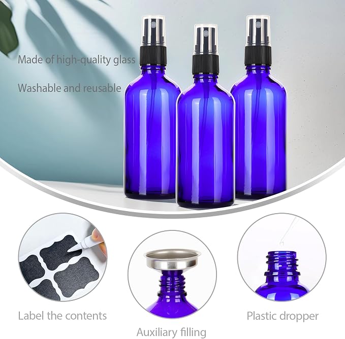 3.4 oz Glass Blue Spray Bottles,Small Empty Fine Mist Refillable Travel Spray Bottle for Cleaning,Perfume,Aromatherapy,Cosmetic Sprays,Hair,Essential Oils with Fine Mist Dispenser（3 Pack）