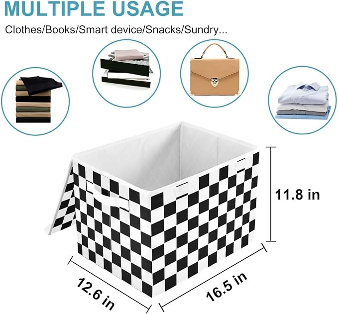 CaTaKu Large Fabric Storage Bins With Lids,Checkered Racing Flag Storage Boxes With Handles for Organizing Clothes, Collapsible Decorative Storage Cube Bins Baskets for Shelves