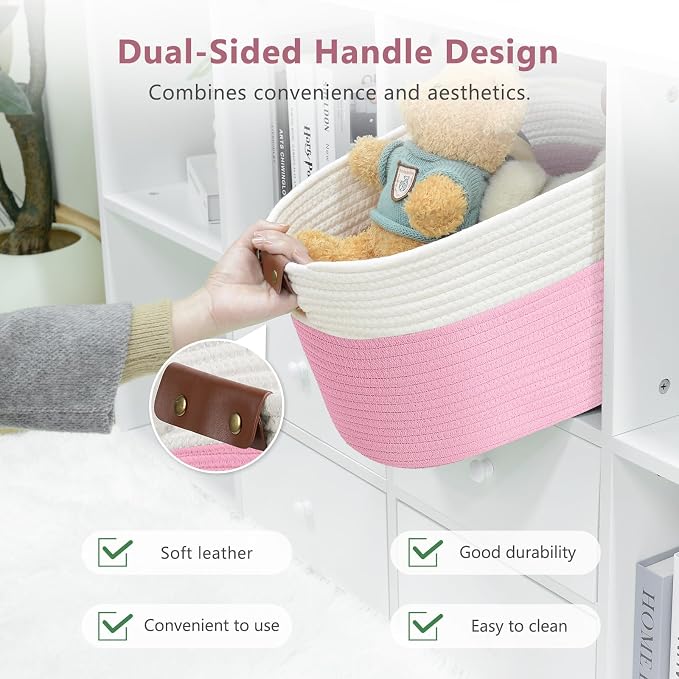 ECDYQXVU 15x10x9 Woven Cotton Rope Storage Basket, Leather Handles 1 Pack | Foldable Design, Sturdy PU Handles, Easy to Clean Organizer for Living Room, Closet, Shelves, Bedroom, Laundry, Clothes