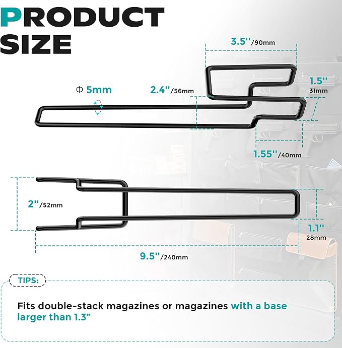 Under Gun Safe Shelf Magazine Holder, Universal Pistol Magazine Holder Fits Double-Stack or Magazines with Base Over 1.3”, 4LBS Load Capacity Pistol Magazine Rack, Gun Magazine Storage for Shelf