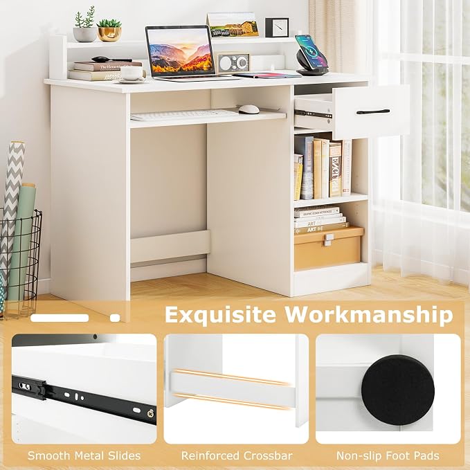 Tangkula White Desk with Drawer & Keyboard Tray, Home Office Desk with Built-in Charge Station & Adjustable Shelf, Study Writing Table with Hutch, Modern Computer PC Workstation