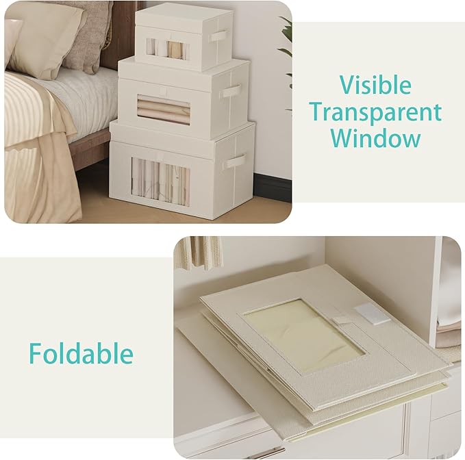 Storage Bins with Lids, Cube Organizer Basket with Window, Closet Boxes with Carrying 2 Handles and Sturdy PP Support Plate, 2 Pack, Beige, 13 x 9 x 7.9 In, XSNY17BEM-2