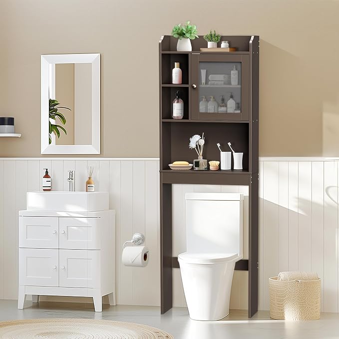 ZENY Over The Toilet Storage Cabinet, Bathroom Organizer with Adjustable Shelf and Double Doors, Freestanding Bathroom Space Saver Toilet Rack (Brown)