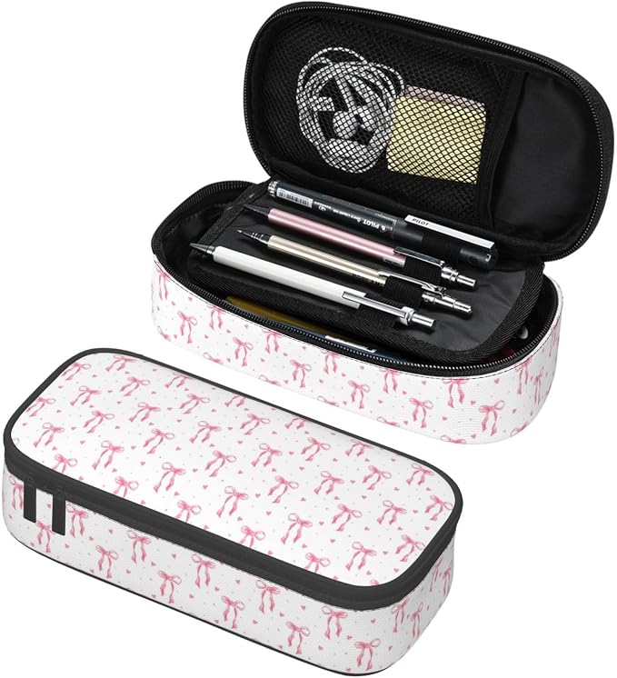 Pink Bow Large Pencil Case for Girls Boys, Pencil Pouch Pen Bag Kids Teen | Big Capacity with Flip Top Zipper Stationery Organizer Storage Back to School Supplies for School Office College Student