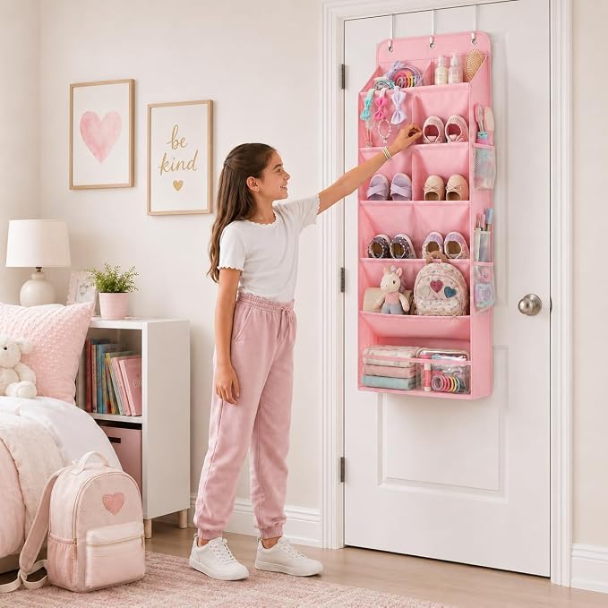 HOMELUX THEORY Hanging Shoe Organizer for Closet, 6 Tier Over the Door Shoe Organizer 120D Extra Thick with Deep Pockets, Shoe Rack for Closet & Entryway, with 4 Side Storage Pockets (Pink)