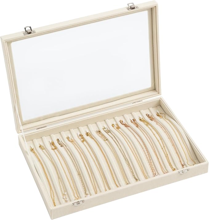 Frebeauty 15 Hooks Necklace Organizer,Velvet Necklace Holder Tray with Lid | Jewelry Organizer for Necklace Pendant Chain,Women Jewelry Box,for Home Use and Jewelry Store,Jewelry Display for Drawer