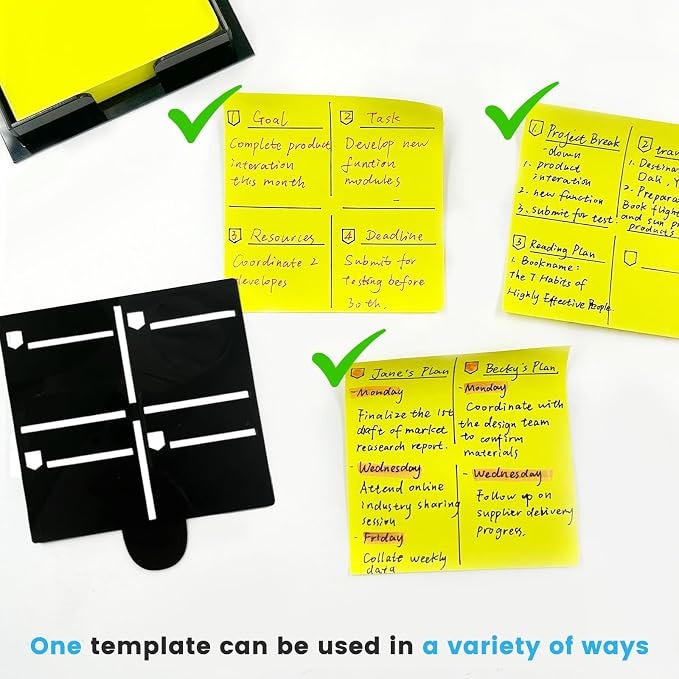 Daily Treasures Sticky Note Holder with 3 Reusable Stencils, Acrylic Post It Note Holder for 3x3 inch Sticky Notes, Multi-Template (Daily/Weekly/Goals/Meal/to Do List) Desk Organizer for Office Home