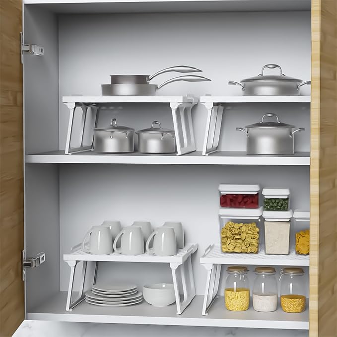 ums Plastic Kitchen Cabinet Shelf Organizer, White Plastic Stackable Freezer Rack, Shelf Riser, Usable Storage Rack for Your Spice, Refrigerator, Pantry (12 X 11 inch) Fridge Shelf Riser Pack Of 2