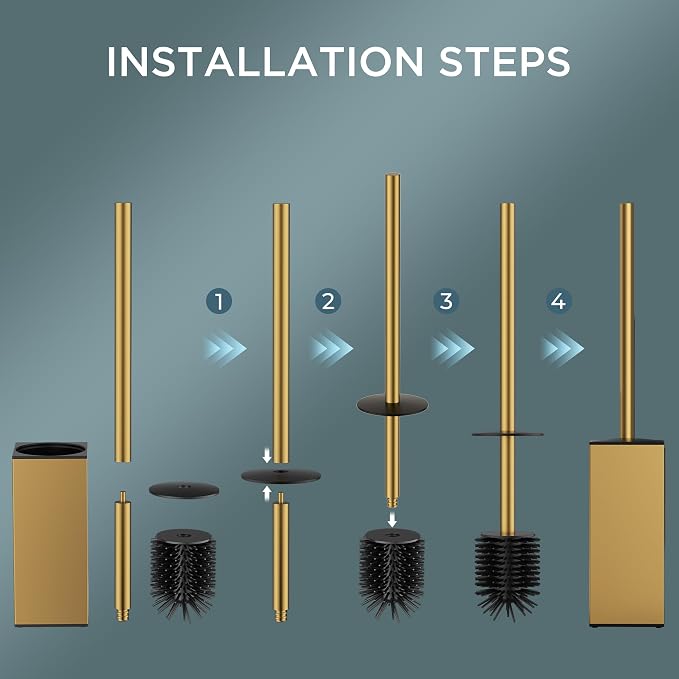 FORIOUS Toilet Brush and Holder,2 Toilet Bowl Brush Head Square Medium Gold | Heavy Duty 304 Stainless Steel Base, Silicone and Plastic Brush Heads, Long Handle for Deep Cleaning, Drip-Proof
