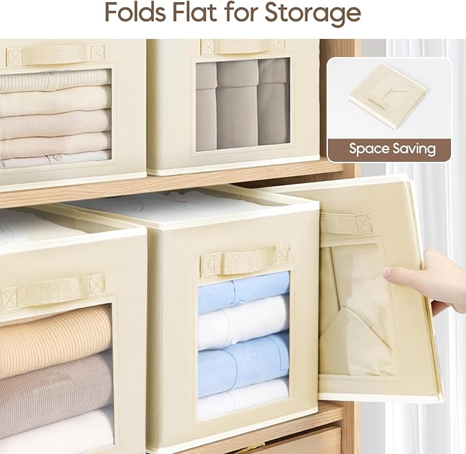 Homsorout Foldable Storage Cubes - Cubby Storage Organizer with Window, Decorative Baskets for Organizing, Fabric Bins for Clothes Storage, Closet Storage Cubes-11inch, Set of 12, Beige