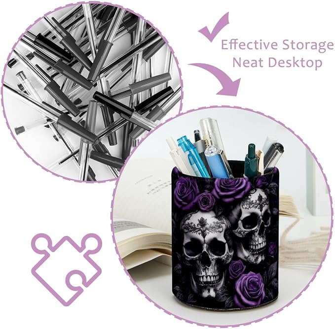 Skulls and Purple Rose Pen Holder Pencil Organizer for Desk, 3.1” x 3.1” x 3.9” Pencil Cup Office Supplies, Large Capacity Cute Pen and Makeup Brush Holder for Home, School, Desktop