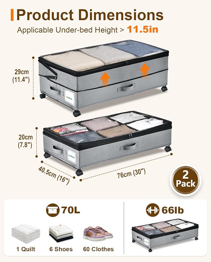 Under Bed Storage w/Wheels,70L Under Bed Containers,2 Pack-Grey | 11.5 Inch Under Bed Storage Containers,70L Large Adjustable Underbed w/ Lids,Rolling Underbed Storage Bins for Shoes,Clothes