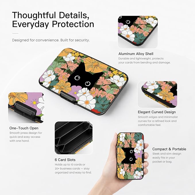 Credit Card Holder for Women Men Cat Hiding in Flowers | Mini Aluminum Card Case, Slim Design, RFID Blocking, Metal Business ID Case