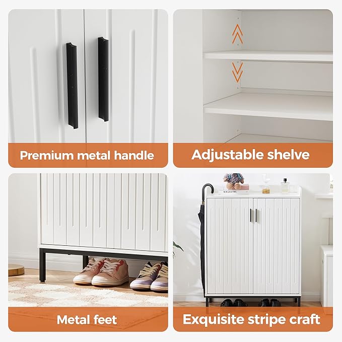 Mericonia Modern Shoe Cabinet with Metal Legs, Farmhouse Large 5-Tier Shoe Storage Cabinet with Doors, Wooden Shoe Organizer for Entryway, Hallway, Closet, Bedroom, Living Room, White