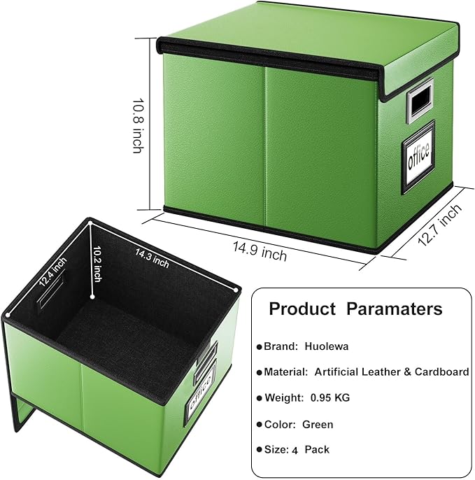 Huolewa Portable Leather File Organizer Boxes with Lids, Office Document Boxes Organizer, Filing Boxes, Decorative Small File Boxes for Hanging Files, File Cabinet for Office/Home - 4 Pack