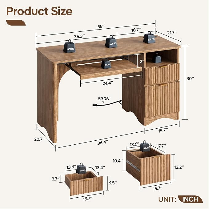 Bestier Computer Desk with Drawer, 55 inch Office Desk with Power Outlet, Modern Home Office Desk with Keyboard Tray (55" W with Single-Sided Drawers)