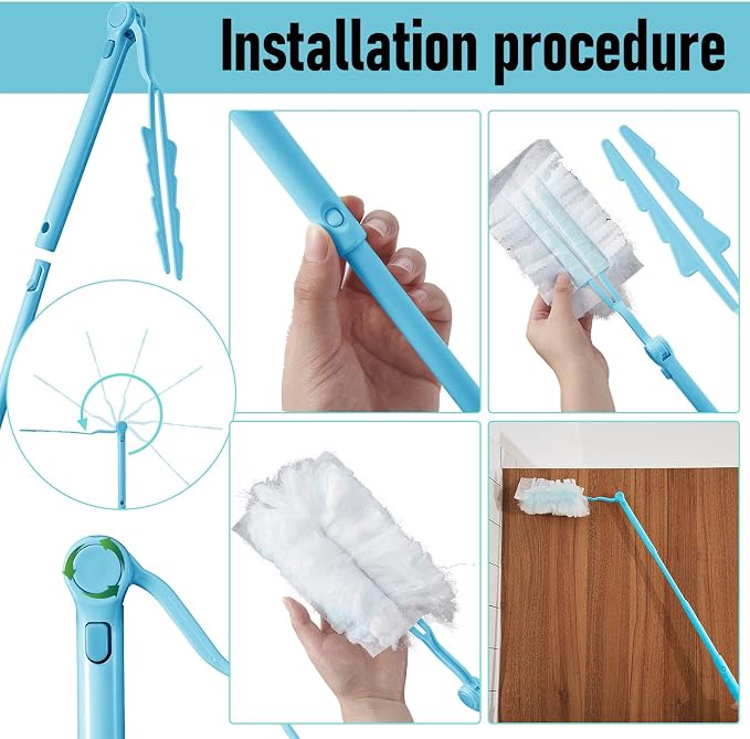 Colingmill 4 Pcs 3 ft Replacement Handles Compatible with Duster Refills, Long Extended Handle Only, Adjustable Length for Ceiling Fans, Blinds, Shelves, Windows, Foldable & Extendable (Sky Blue)