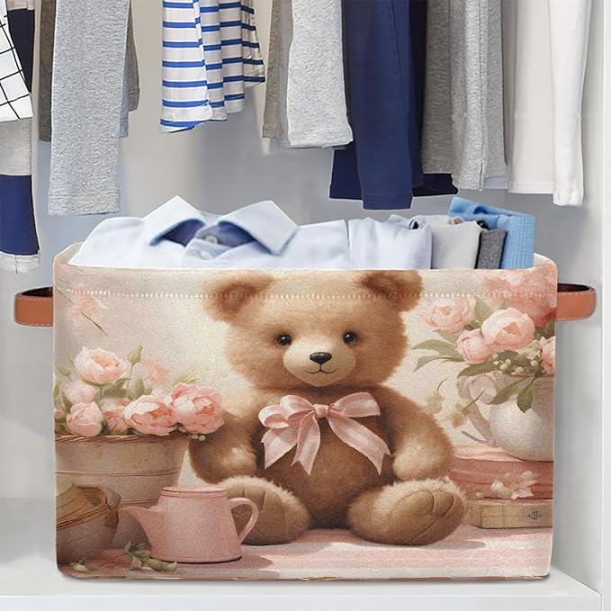 Rectangle Storage Baskets for Shelves, Bear And Roses Storage Cube Organizer Bins Collapsible Toy Basket for Nursery Home Room