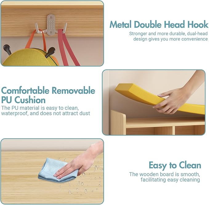Wall-Mounted Cubby Storage Organizer 10-Section with Shoe Bench Set, Wooden Wall Cubbies with Hooks and Removable PU Cushion for Home, School, Nursery, and Kindergarten