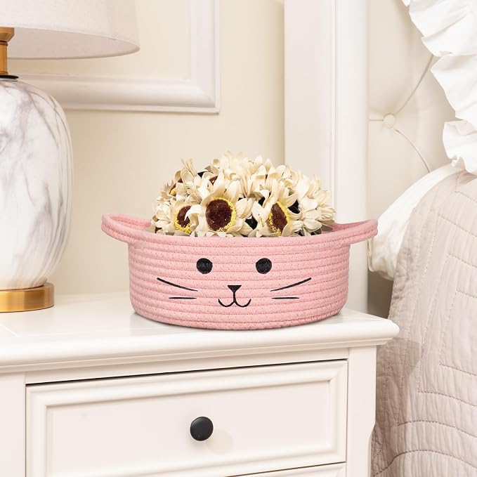 Small Rope Basket, Pink Cute Cat Toy Basket for Living Room, Gift Baskets Empty for Living Room, Decorative woven Baskets for Nursery, Baby Organizing & Towel Storage, 9.8 x 4 inches